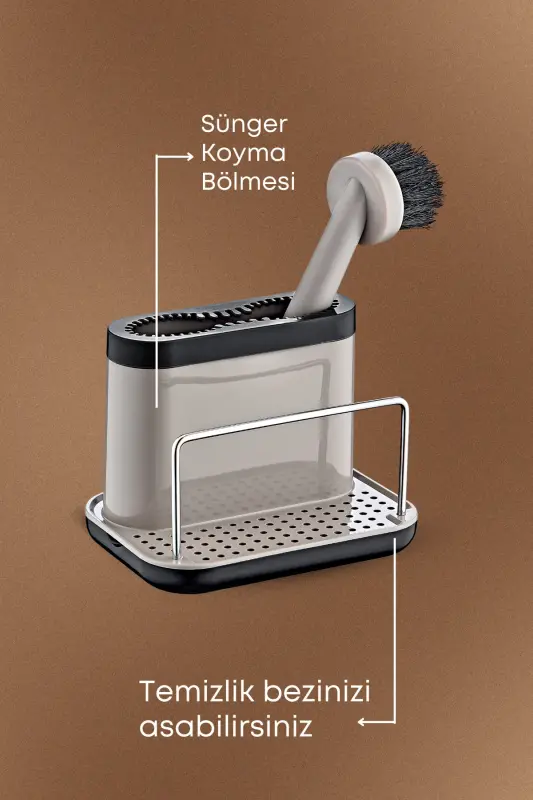 Fırçalı Telli Mutfak Seti Bej- Standlı Plastik Mutfak Lifli Sünger Hediyeli-Bej - 4