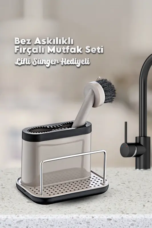 Fırçalı Telli Mutfak Seti Bej- Standlı Plastik Mutfak Lifli Sünger Hediyeli-Bej - GRİMOR LIFE