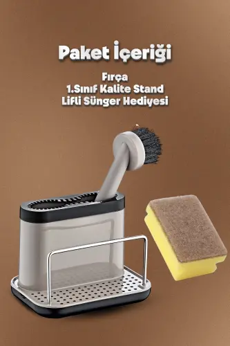 Fırçalı Telli Mutfak Seti Bej- Standlı Plastik Mutfak Lifli Sünger Hediyeli-Bej - GRİMOR LIFE (1)