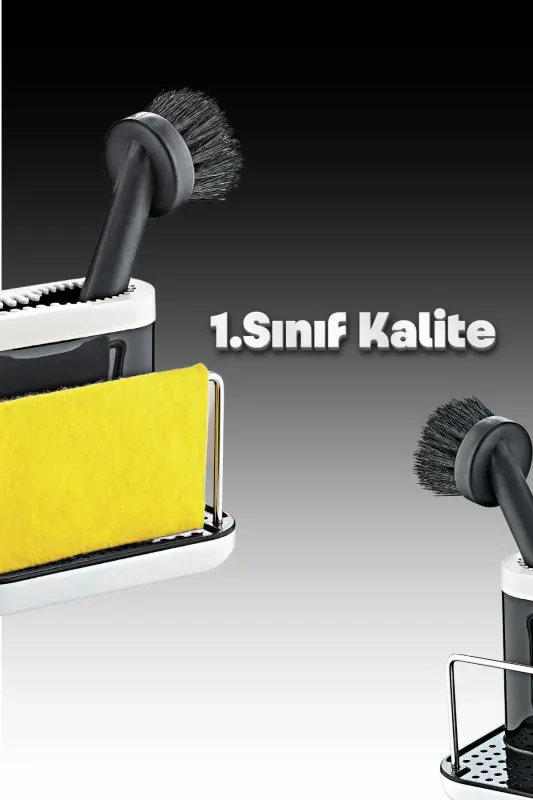 Fırçalı Telli Mutfak Seti Siyah- Standlı Plastik Mutfak Lifli Sünger Hediyeli-Siyah - 2