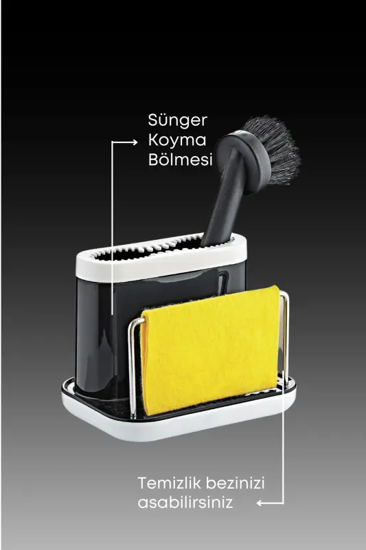 Fırçalı Telli Mutfak Seti Siyah- Standlı Plastik Mutfak Lifli Sünger Hediyeli-Siyah - 4