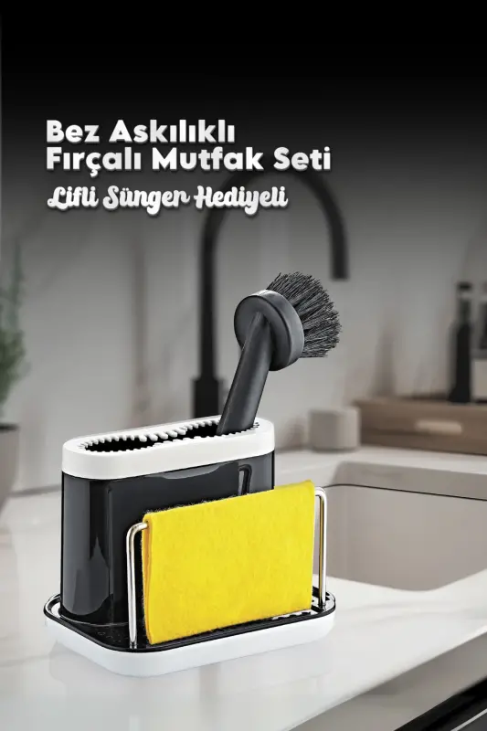 Fırçalı Telli Mutfak Seti Siyah- Standlı Plastik Mutfak Lifli Sünger Hediyeli-Siyah - GRİMOR LIFE