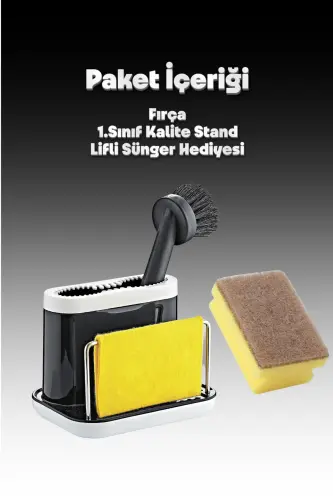 Fırçalı Telli Mutfak Seti Siyah- Standlı Plastik Mutfak Lifli Sünger Hediyeli-Siyah - 3