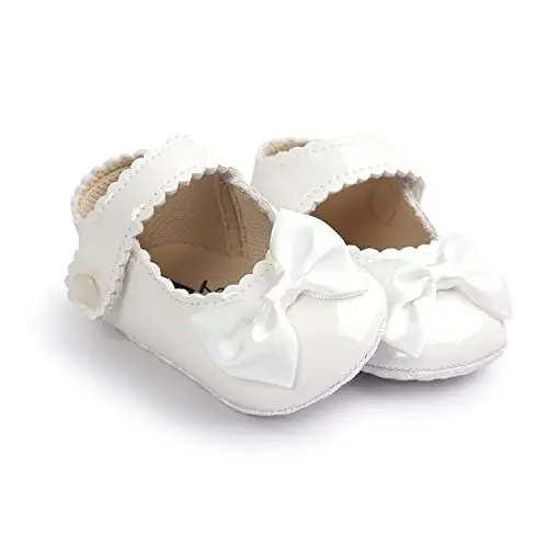 Fire Frog Baby Girls Mary Jane Burnish Pu Leather Bowknot Pincess Prewalker Christening Baptism Crib Shoes - 5