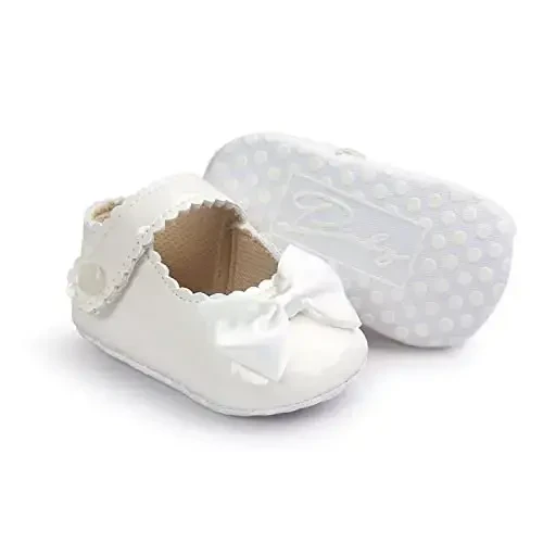 Fire Frog Baby Girls Mary Jane Burnish Pu Leather Bowknot Pincess Prewalker Christening Baptism Crib Shoes - 6