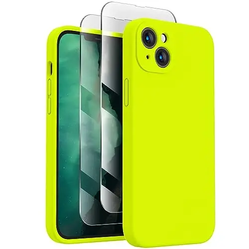 FireNova Designed for iPhone 13 Pro Case, Silicone Upgraded [Camera Protection] Phone Case with [2 Screen Protectors], Soft Anti-Scratch Microfiber Lining Inside, 6.1 inch, Fluorescent Green 