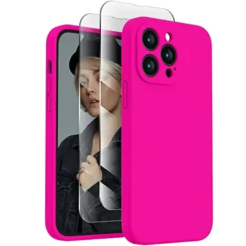 FireNova Designed for iPhone 13 Pro Max Case, Silicone [Camera Protection] Phone Case with [2 Screen Protectors], Soft Anti-Scratch Microfiber Lining Inside, 6.7 inch, Hot Pink 