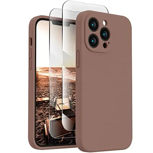 FireNova Designed for iPhone 13 Pro Max Case, Silicone [Camera Protection] Phone Case with [2 Screen Protectors], Soft Anti-Scratch Microfiber Lining Inside, 6.7 inch, Light Brown - FIRENOVA