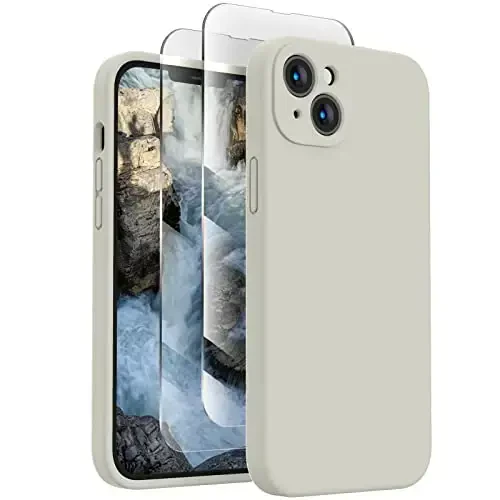 FireNova Designed for iPhone 14 Case, Silicone Upgraded [Camera Protection] Phone Case with [2 Screen Protectors], Soft Anti-Scratch Microfiber Lining Inside, 6.1 inch, Stone - 1