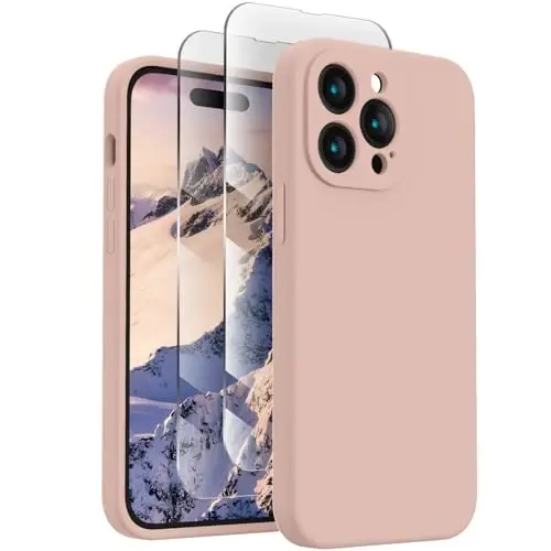 FireNova Designed for iPhone 14 Pro Max Case, Silicone Upgraded [Camera Protection] Case with [2 Screen Protectors], Soft Anti-Scratch Microfiber Lining Inside, 6.7 inch, Pinksand - FIRENOVA