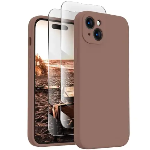 FireNova Designed for iPhone 15 Plus Case, Silicone [Camera Protection] Case with [2 Screen Protectors], Soft Anti-Scratch Microfiber Lining Inside, 6.7 inch, Light Brown - 1