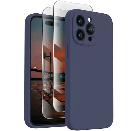 FireNova Designed for iPhone 15 Pro Max Case, Silicone Upgraded [Camera Protection] Phone Case with [2 Screen Protectors], Soft Anti-Scratch Microfiber Lining Inside, 6.7 inch, Navy Blue 