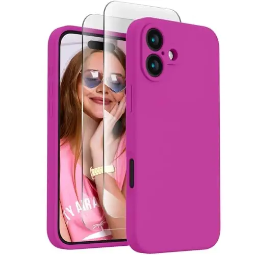 FireNova Designed for iPhone 16 Case, Silicone Upgraded [Camera Protection] Phone Case with [2 Screen Protectors], Soft Anti-Scratch Microfiber Lining Inside, 6.1 inch, Dark Fuchsia 