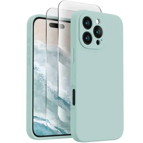 FireNova Designed for iPhone 16 Pro Max Case, Silicone Upgraded [Camera Protection] Phone Case with [2 Screen Protectors], Soft Anti-Scratch Microfiber Lining Inside, 2024, Mint Green 