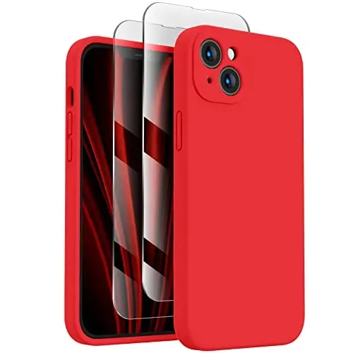 FireNova Designed for iPhone 13 Case, Silicone Upgraded [Camera Protection] Phone Case with [2 Screen Protectors], Soft Anti-Scratch Microfiber Lining Inside, 6.1 inch, Red 