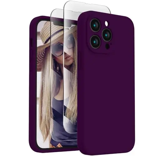 FireNova iPhone 13 Pro Max uchun g'ilof, silikon [Kamera himoyasi] telefon g'ilofi, [2 ekran himoyachisi] bilan, ichida yumshoq tirnalishga qarshi mikrofiber astar, 6,7 dyuym, to'q qizil 