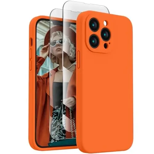 FireNova iPhone 13 Pro Max uchun g‘ilof, silikon [Kamera himoyasi] telefon g‘ilofi [2 ekran himoyachisi] bilan, ichki qismi yumshoq tirnalishga qarshi mikrofiber astarli, 6,7 dyuym, neon to‘q sariq yangi 