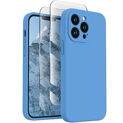 FireNova iPhone 13 Pro Max uchun mo'ljallangan g'ilof, silikon [Kamera himoyasi] Telefon g'ilofi [2 ekran himoyachisi] bilan, ichki qismi yumshoq chizilishga qarshi mikrofiber qoplamali, 6,7 dyuym, ko'k - FIRENOVA