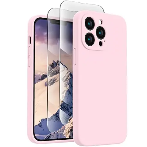 FireNova iPhone 13 Pro Max uchun mo'ljallangan g'ilof, silikon [Kamera himoyasi] telefon g'ilofi [2 ekran himoyachisi] bilan, ichki qismi yumshoq tirnalishga qarshi mikrofiber astarli, 6,7 dyuym, Chalk Pink 