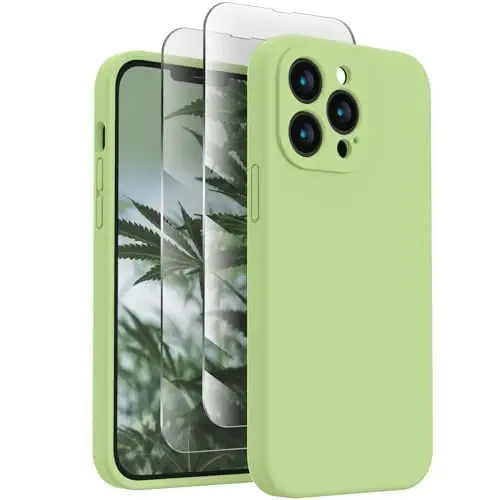 FireNova iPhone 13 Pro Max uchun mo'ljallangan g'ilof, silikon [Kamera himoyasi] telefon g'ilofi [2 ekran himoyachisi] bilan, ichki qismi yumshoq tirnalishga qarshi mikrofiber qoplamali, 6,7 dyuym, choy yashil 