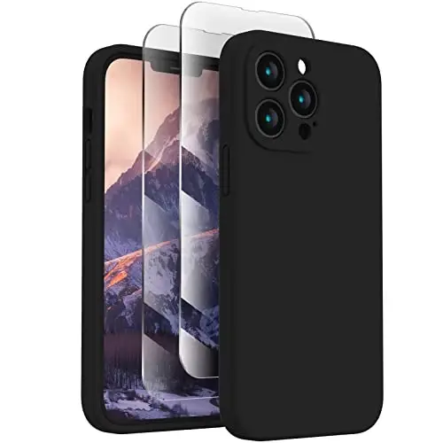FireNova iPhone 13 uchun mo'ljallangan g'ilof, silikon yangilangan [Kamera himoyasi] Telefon g'ilofi [2 ekran himoyachisi] bilan, ichki qismi yumshoq tirnalishga qarshi mikrofiber qoplamali, 6,1 dyuym, qora - 1