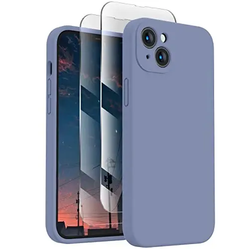 FireNova Designed for iPhone 14 Case, Silicone Upgraded [Camera Protection] Phone Case with [2 Screen Protectors], Soft Anti-Scratch Microfiber Lining Inside, 6.1 inch, Lavender Gray 