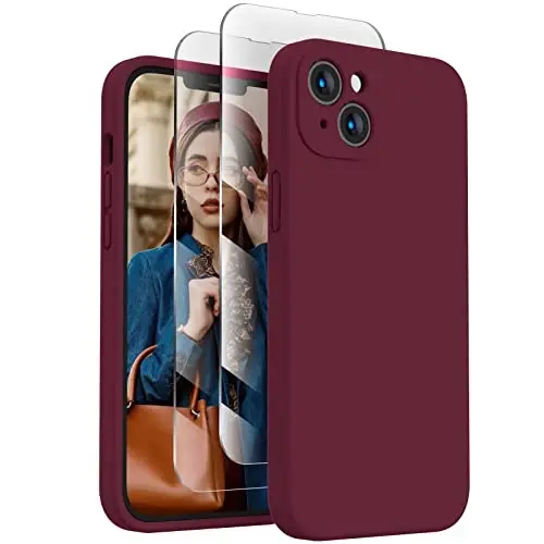 FireNova Designed for iPhone 14 Case, Silicone Upgraded [Camera Protection] Phone Case with [2 Screen Protectors], Soft Anti-Scratch Microfiber Lining Inside, 6.1 inch, Plum 