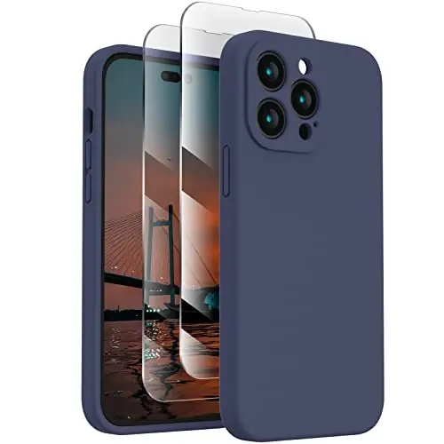 FireNova iPhone 14 Pro uchun g'ilof, silikon yangilangan [Kamera himoyasi] Telefon g'ilofi [2 ekran himoyachisi] bilan, ichida yumshoq tirnalishga qarshi mikrofiber astar, 6,1 dyuym, to'q ko'k 