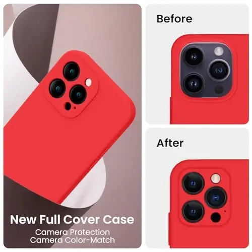 FireNova iPhone 14 Pro uchun g'ilof, silikon yangilangan [Kamera himoyasi] Telefon g'ilofi [2 ekran himoyachisi] bilan, ichki qismi yumshoq tirnalishga qarshi mikrofiber astarli, 6,1 dyuym, qizil - 3
