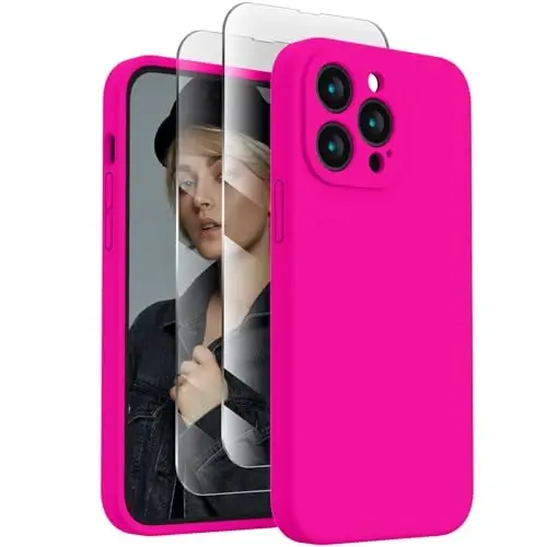 FireNova iPhone 14 Pro uchun g'ilof, Silikon yangilangan [Kamera himoyasi] Telefon g'ilofi [2 ekran himoyachisi bilan], Yumshoq tirnalishga qarshi mikrofiber astar ichida, 6,1 dyuym, Hot Pink 