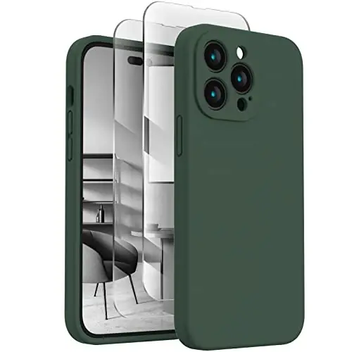 FireNova iPhone 14 Pro uchun mo'ljallangan g'ilof, silikon yangilangan [Kamera himoyasi] Telefon g'ilofi [2 ekran himoyachisi] bilan, ichki qismi yumshoq tirnalishga qarshi mikrofiber qoplamali, 6,1 dyuym, Alp tog'i yashili 