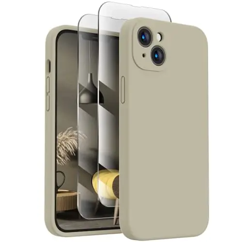 FireNova iPhone 14 uchun g'ilof, silikon yangilangan [Kamera himoyasi] Telefon g'ilofi [2 ekran himoyachisi] bilan, ichki yumshoq tirnalishga qarshi mikrofiber astar, 6,1 dyuym, Xaki 