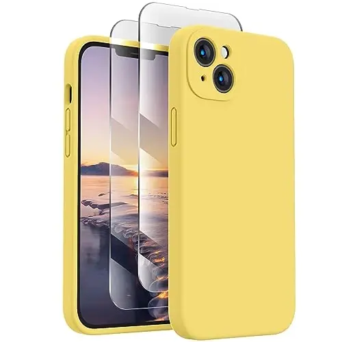 FireNova iPhone 14 uchun mo'ljallangan g'ilof, silikon yangilangan [Kamera himoyasi] Telefon g'ilofi [2 ekran himoyachisi] bilan, ichida yumshoq tirnalishga qarshi mikrofiber astar, 6,1 dyuym, sariq 