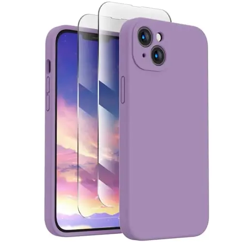 FireNova iPhone 15 Plus uchun чехол, silikon [Kamera himoyasi] чехол [2 ekran himoyachisi] bilan, ichki yumshoq tirnalishga qarshi mikrofiber astar, 6,7 dyuym, och binafsha - 1