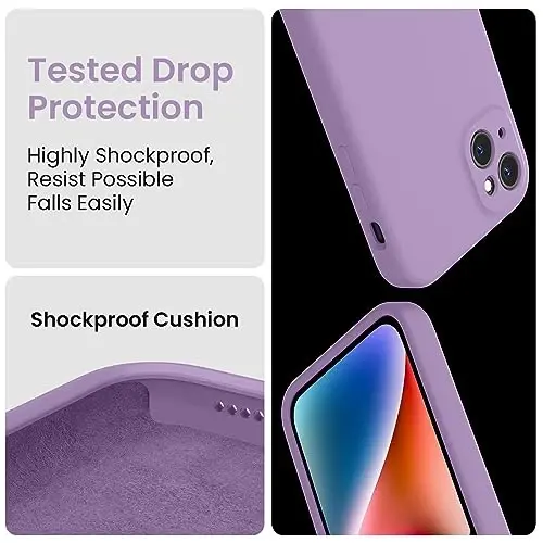 FireNova iPhone 15 Plus uchun чехол, silikon [Kamera himoyasi] чехол [2 ekran himoyachisi] bilan, ichki yumshoq tirnalishga qarshi mikrofiber astar, 6,7 dyuym, och binafsha - 4
