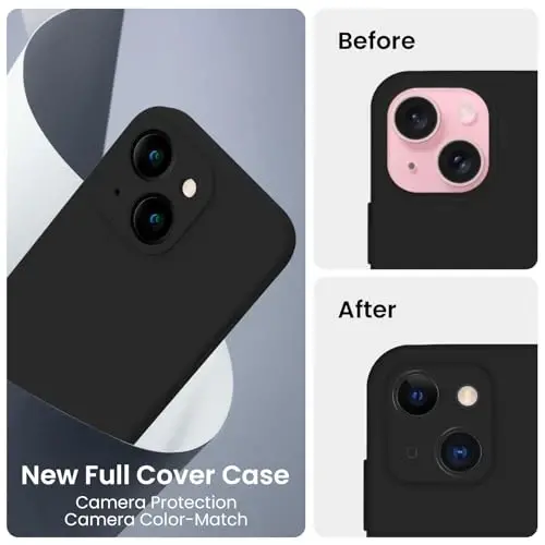 FireNova iPhone 15 Plus uchun mo'ljallangan g'ilof, silikon [Kamera himoyasi] g'ilof [2 ekran himoyachisi] bilan, ichki qismi yumshoq tirnalishga qarshi mikrofiber qoplamali, 6,7 dyuym, qora - 3