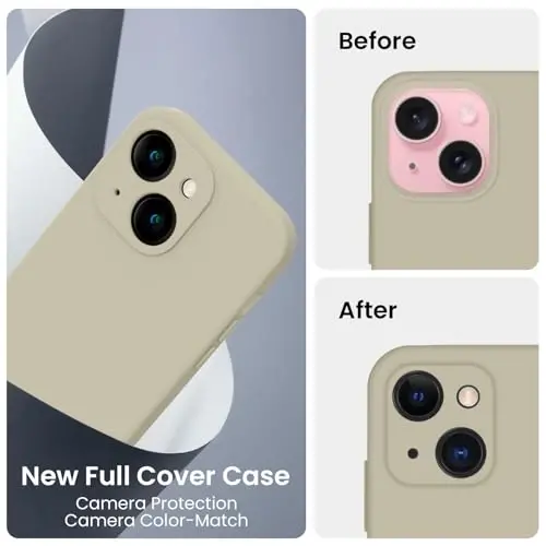 FireNova iPhone 15 Plus uchun mo'ljallangan g'ilof, silikon [Kamera himoyasi] g'ilofi [2 ekran himoyachisi] bilan, ichki qismi yumshoq tirnalishga qarshi mikrofiber astarli, 6,7 dyuym, Xaki - 3