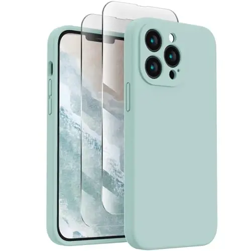 FireNova iPhone 15 Plus uchun mo'ljallangan g'ilof, silikon [Kamera himoyasi] g'ilofi [2 ekran himoyachisi] bilan, ichki qismi yumshoq tirnalishga qarshi mikrofiber astarli, 6,7 dyuym, yalpiz yashil - FIRENOVA