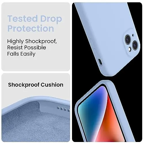 FireNova iPhone 15 Plus uchun mo'ljallangan g'ilof, silikon [Kamera himoyasi] g'ilofi [2 ekran himoyachisi] bilan, ichki qismi yumshoq tirnalishga qarshi mikrofiber qoplamali, 6,7 dyuym, och ko'k - 3