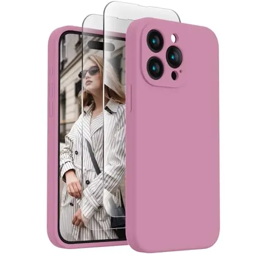 FireNova iPhone 15 Pro Max uchun mo'ljallangan g'ilof, silikon yangilangan [Kamera himoyasi] Telefon g'ilofi [2 ekran himoyachisi] bilan, ichida yumshoq tirnalishga qarshi mikrofiber astar, 6,7 dyuym, Lila binafsha 