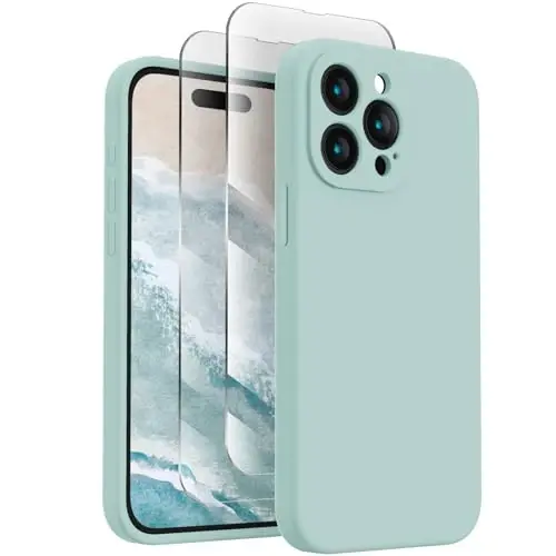 FireNova iPhone 15 Pro Max uchun mo'ljallangan g'ilof, silikon yangilangan [Kamera himoyasi] Telefon g'ilofi [2 ekran himoyachisi] bilan, ichki yumshoq tirnalishga qarshi mikrofiber astar, 6,7 dyuym, yalpiz yashil 