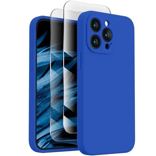 FireNova iPhone 15 Pro Max uchun mo'ljallangan g'ilof, silikon yangilangan [Kamera himoyasi] Telefon g'ilofi [2 ekran himoyachisi] bilan, yumshoq tirnalishga qarshi mikrofiber astar ichida, 6,7 dyuym, Klein Blue 