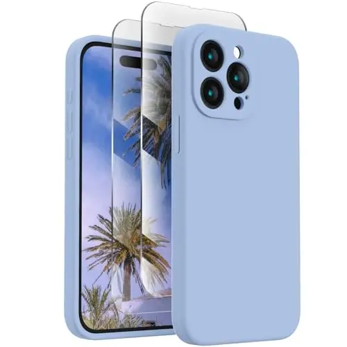 FireNova iPhone 15 Pro Max uchun mo'ljallangan g'ilof, Silikon yangilangan [Kamera himoyasi] Telefon g'ilofi [2 ekran himoyachisi] bilan, Yumshoq tirnalishga qarshi mikrofiber astar ichida, 6,7 dyuym, Ochiq ko'k - FIRENOVA