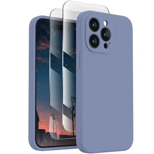 FireNova iPhone 15 Pro uchun mo'ljallangan g'ilof, silikon yangilangan [Kamera himoyasi] Telefon g'ilofi [2 ekran himoyachisi] bilan, ichida yumshoq tirnalishga qarshi mikrofiber astar, 6,1 dyuym, Lavanda kulrang 