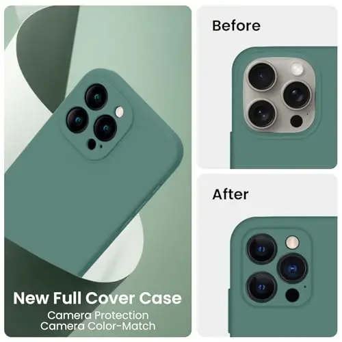 FireNova iPhone 15 Pro uchun mo'ljallangan g'ilof, silikon yangilangan [Kamera himoyasi] Telefon g'ilofi [2 ekran himoyachisi] bilan, ichki qismi yumshoq tirnalishga qarshi mikrofiber qoplamali, 6,1 dyuym, Midnight Green - 3