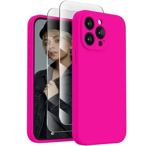 FireNova iPhone 15 Pro uchun mo'ljallangan g'ilof, silikon yangilangan [Kamera himoyasi] Telefon g'ilofi [2 ekran himoyachisi] bilan, ichki qismi yumshoq tirnalishga qarshi mikrofiber qoplamali, 6,1 dyuym, och pushti 