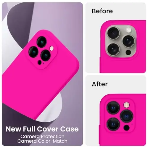 FireNova iPhone 15 Pro uchun mo'ljallangan g'ilof, silikon yangilangan [Kamera himoyasi] Telefon g'ilofi [2 ekran himoyachisi] bilan, ichki qismi yumshoq tirnalishga qarshi mikrofiber qoplamali, 6,1 dyuym, och pushti - 3