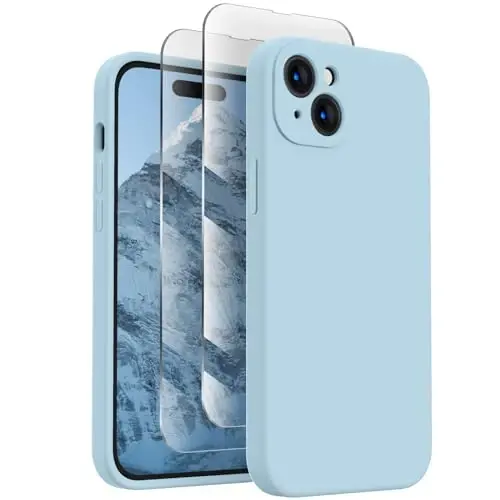 FireNova iPhone 15 uchun g'ilof, silikon yangilangan [Kamera himoyasi] Telefon g'ilofi [2 ekran himoyachisi] bilan, ichki qismi yumshoq tirnalishga qarshi mikrofiber qoplamali, 6.1 dyuym, Moviy osmon 
