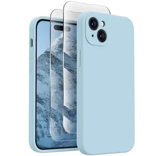 FireNova iPhone 15 uchun g'ilof, silikon yangilangan [Kamera himoyasi] Telefon g'ilofi [2 ekran himoyachisi] bilan, ichki qismi yumshoq tirnalishga qarshi mikrofiber qoplamali, 6.1 dyuym, Moviy osmon 