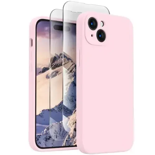 FireNova iPhone 15 uchun mo'ljallangan g'ilof, silikon yangilangan [Kamera himoyasi] Telefon g'ilofi [2 ekran himoyachisi] bilan, ichida yumshoq tirnalishga qarshi mikrofiber qoplamasi, 6,1 dyuym, Chalk Pink - 1